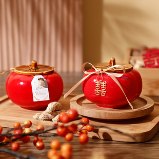 陶瓷柿子罐红色柿柿如意结婚喜糖罐早生贵子伴手礼喜糖盒创意摆件