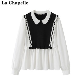 拉夏贝尔lachapelle娃娃，领针织背心拼接白色，长袖衬衫假两件套女