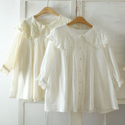 夏季宽松娃娃领蕾丝边褶皱，薄衬衫纯棉透气白色七分袖甜美上衣