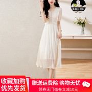杭州大牌真丝连衣裙女夏季2024年国际时尚短袖纯色桑蚕丝裙子