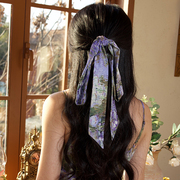莫奈睡莲紫色加长编发带女长条绑发复古丝巾高级感发箍度假风油画