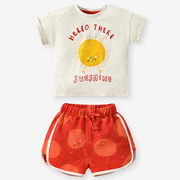 女童米白t恤短袖上衣宝宝，红色短裤夏季套装，婴儿纯棉半袖两件套潮8