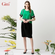 Gitti/吉蒂时尚大码撞色花边拼接连衣裙圆领亚麻短袖女装G211502