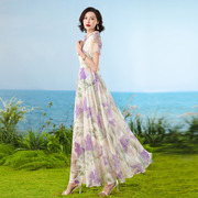 紫色鸢尾花连衣裙2024夏款高端大摆修身设计感超长裙女到脚踝1680