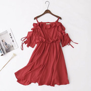 大码红色连衣裙胖mm仙气吊带裙，时髦荷叶边一字，领收腰露肩短袖裙子