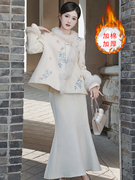 毛呢外套套装女冬季刺绣新中式国风裙子加厚夹棉鱼尾连衣裙高级感