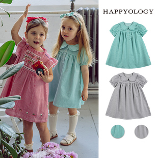happyology英国儿童春夏款手工，花朵纽扣连身裙，女童短袖连衣裙