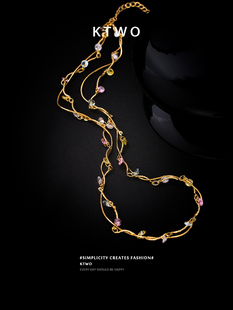 彩色玻璃水晶锆石项链女小众双层缠绕设计镀k金高端(金高端)大气锁骨颈链