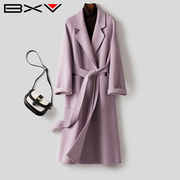 bxv紫色双面羊绒大衣女，中长款2023秋季系带，羊毛呢外套高端潮