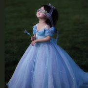 儿童礼服蓝色高端公主裙拖尾女童主持人花童走秀钢琴演奏晚礼服裙