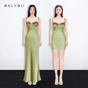 绿色设计感抹胸缎面吊带连衣裙女露背性感礼服修身气质包臀长裙子