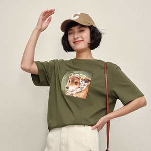 #WTX06121 茉莉雅集 萌宠系列油画印猫咪狗狗贴布绣短袖T恤短袖女
