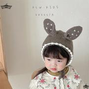 韩国手工编织婴儿毛线帽子，男女宝宝甜美可爱兔，耳朵针织儿童护耳帽
