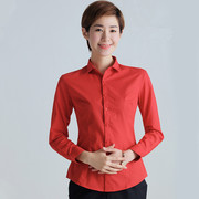 春季长袖衬衫女职业工装，修身ol通勤方领大红色，衬衣女打底衫有大码