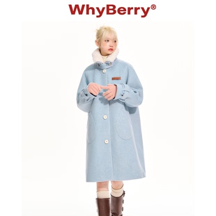 WhyBerry 22AW“冬日来信”蓝色毛呢大衣中长款秋冬女外套学院风