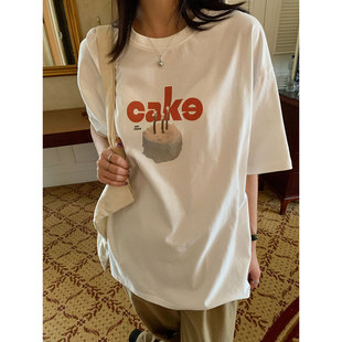三木社蛋糕印花圆领短袖T恤女美式复古宽松大版上衣T2024春夏
