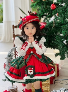 儿童圣诞节服装麋鹿印花连衣裙红色斗篷冬季女童新年洛丽塔公主裙