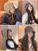 2023甜美保暖针织彩虹帽子女款秋冬季护耳毛线帽拍照氛围感潮