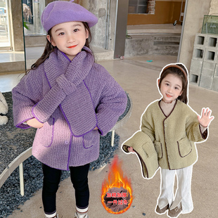 女童冬季夹棉外套儿童韩版洋气时尚女宝宝加厚保暖毛毛衣紫色上衣