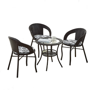 阳台茶桌椅组合圆形茶几钢化玻璃小圆桌子小户型藤编喝茶桌椅套装