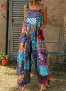 Ethnic Patchwork Print Button Jumpsuit民族风拼布印花连体裤女