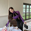 王玖玖紫色丝绒蕾丝拼接高领打底衫性感气质修身显瘦秋款长袖上衣