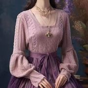 法式慵懒风紫色针织连衣裙子古风毛衣秋冬装搭配一整套国风毛衣裙