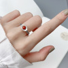 中国风南红金钱元宝戒指女士925纯银转运小众设计可调节开口戒指