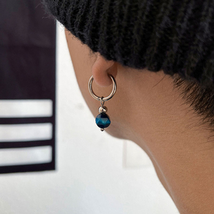 宝蓝色玉石珠耳环中国风小众设计感钛钢耳环中性风格耳钉男女潮款