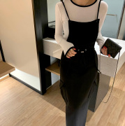 韩国东大门 复古时髦高腰洋气减龄收腰系带背带连衣裙简约背心裙