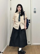 大码胖妹妹韩系学院风套装，夏季条纹短袖衬衫半身裙遮肉显瘦两件套
