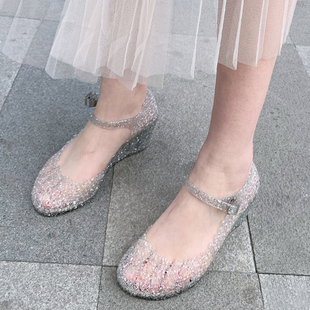 水晶雨鞋女坡跟透明凉鞋高跟雨靴公主塑料婚鞋玻璃灰姑娘水鞋