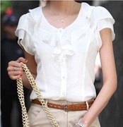 夏季韩版荷叶花边白色衬衫女短袖，职业装修身显瘦打底雪纺衬衫-为