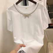 韩版夏季闪亮水钻蝴蝶结，钻饰圆领套头修身短袖，纯棉t恤女白色