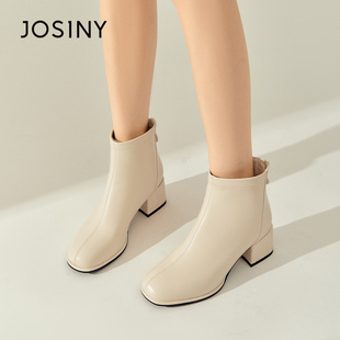 卓诗尼白色短靴女2022年秋冬靴子后拉链，方头及踝靴粗跟女靴子