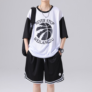 冰丝短袖t恤男夏季薄款青少年运动套装初高中学生，篮球服大童夏装