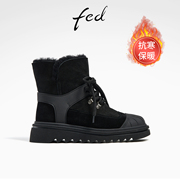 fed拼接时装靴冬季靴子系带，雪地靴加厚保暖短靴女r1128-ya870