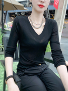 黑色打底衫女2023秋季修身显瘦性感，薄款上衣v领小衫长袖t恤潮