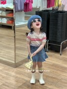 23夏季韩版女童时尚小心机爱心镂空条纹针织衫荷叶边牛仔短裙套装