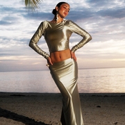 澳洲设计师tigermist2024ss金属绿色露背上衣，半裙套装
