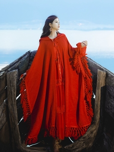 秋冬女装红色斗篷披肩，西藏旅游穿搭草原外套，长款披风阿拉伯长袍