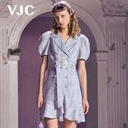 VJC/威杰思春夏女装蓝色格纹西装裙收腰显瘦复古连衣裙