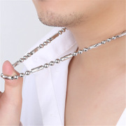 韩版经典男士银项链圆珠链六角筒三珠佛珠链纯银镀铂金项链粗霸气
