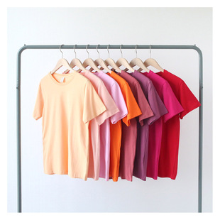 夏季薄款200克圆领淡橙色粉色橘色，纯棉短袖t恤男女青春常规潮流