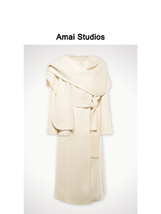 amai「100%羊毛毛呢大衣，」白色长款外套细带可拆卸围巾翻领设计