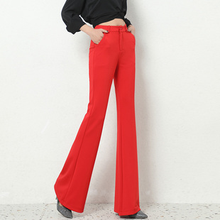 红色大喇叭裤女长裤高腰，垂感显瘦夏季加长休闲气质西装喇叭裤