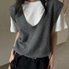 2024春季女装韩系设计感套头休闲针织马甲假两件拼接短袖T恤
