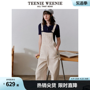 TeenieWeenie小熊2024年春装女士美式复古元气白色牛仔背带裤长裤