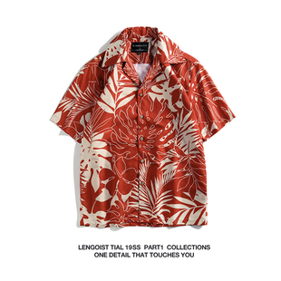 日系风格男女宽松夏威夷红色大花休闲复古70s海岸透气短袖衬衫