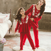 睡衣母女亲子装洋气春秋款姐妹装家居服薄款长袖秋装红色两件套秋